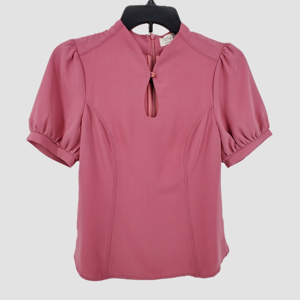 Tulip B Womens Small Rose Pink Puff Sleeve Keyhole Mock Neck Blouse S9JT2502 - Picture 7 of 8
